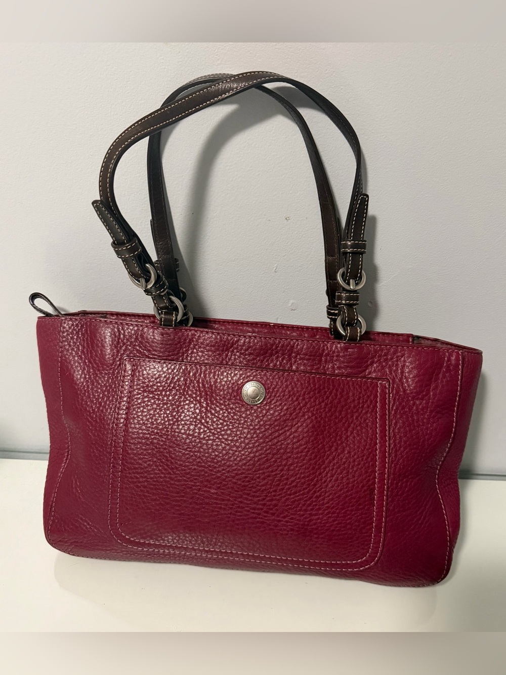 Coach Burgundy Pebbled Leather Shoulder Bag with Dark Brown Straps